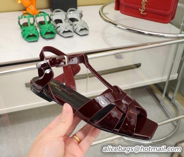 Low Cost Saint Laurent Flat Sandals in Dark Red Patent Metallic Leather 30426120