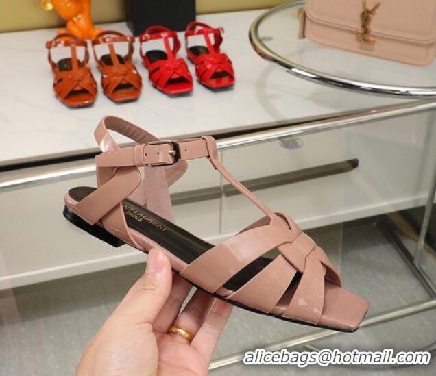 Luxurious Saint Laurent Flat Sandals in Nude Patent Leather 30426121