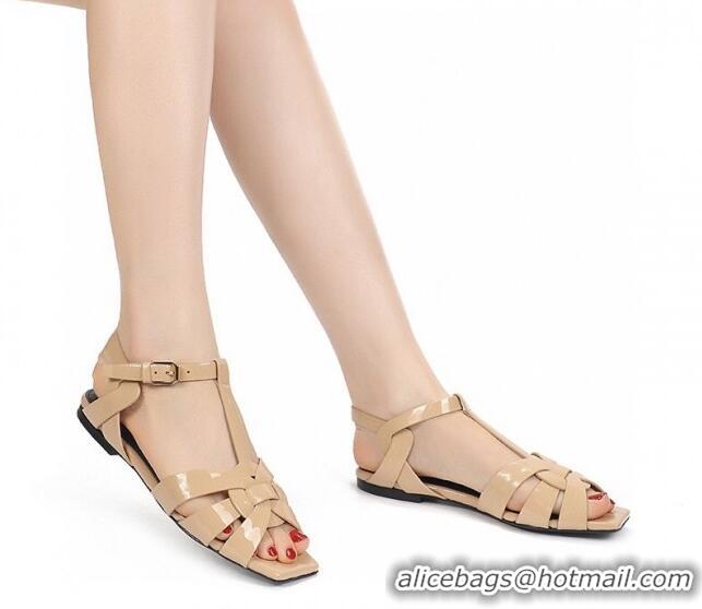 Pretty Style Saint Laurent Flat Sandals in Beige Patent Leather 0426122