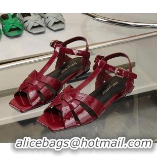 Good Quality Saint Laurent Flat Sandals in Burgundy Patent Leather 426123