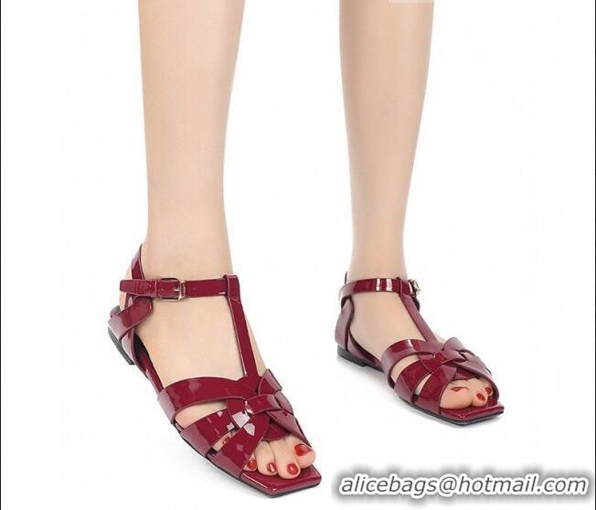 Good Quality Saint Laurent Flat Sandals in Burgundy Patent Leather 426123