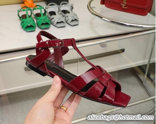 Good Quality Saint Laurent Flat Sandals in Burgundy Patent Leather 426123