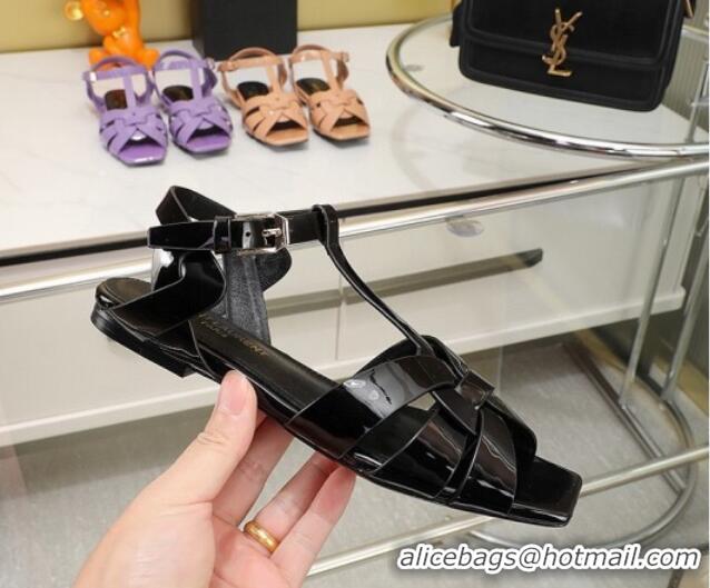 Charming Saint Laurent Flat Sandals in Black Patent Leather 0426124