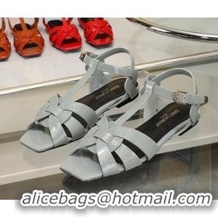 Unique Style Saint Laurent Flat Sandals in Light Grey Patent Leather 426125