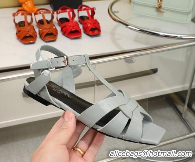 Unique Style Saint Laurent Flat Sandals in Light Grey Patent Leather 426125