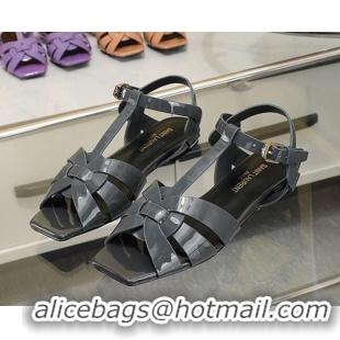 Durable Saint Laurent Flat Sandals in Dark Grey Patent Leather 426128