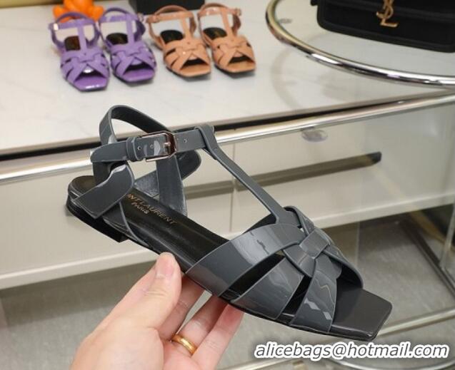 Durable Saint Laurent Flat Sandals in Dark Grey Patent Leather 426128