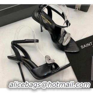 Sophisticated Saint Laurent Snakeskin Embossed Leather Sandals with Crystal Lip 10.5cm Black 506086