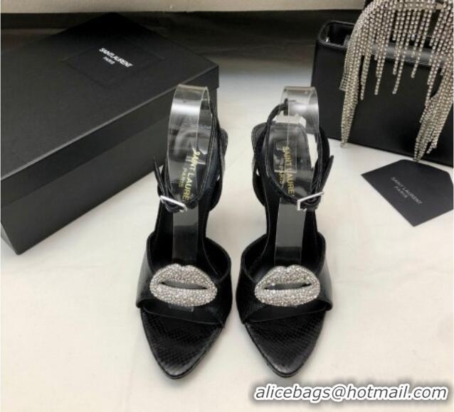 Sophisticated Saint Laurent Snakeskin Embossed Leather Sandals with Crystal Lip 10.5cm Black 506086