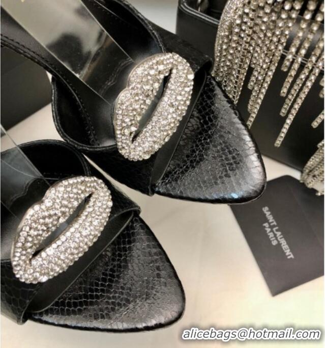 Sophisticated Saint Laurent Snakeskin Embossed Leather Sandals with Crystal Lip 10.5cm Black 506086