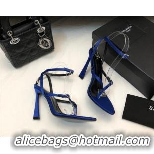 Stylish Saint Laurent Lila Silk Thong Sandals 10.5cm with Crystal Buckle 506087 Blue