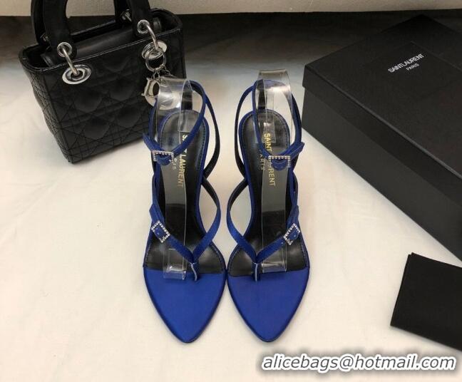 Stylish Saint Laurent Lila Silk Thong Sandals 10.5cm with Crystal Buckle 506087 Blue