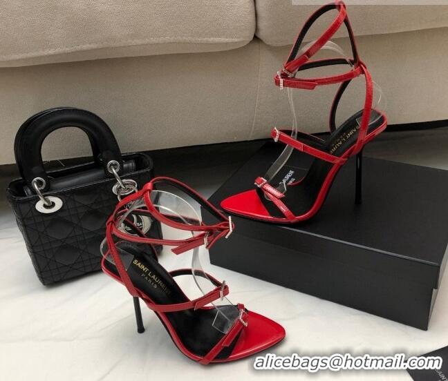 Recommended Saint Laurent Lila Leather Thong Sandals 10.5cm with Crystal Buckle Red 0506089