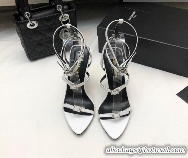 Purchase Saint Laurent Lila Leather High Heel Sandals 10.5cm with Crystal Buckle White 506088