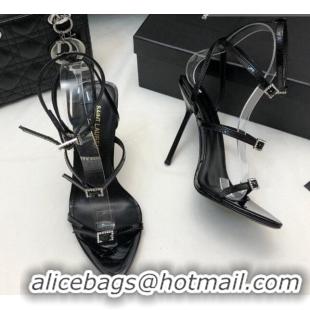 Perfect Saint Laurent Lila Patent Leather High Heel Sandals 10.5cm with Crystal Buckle Black 506090