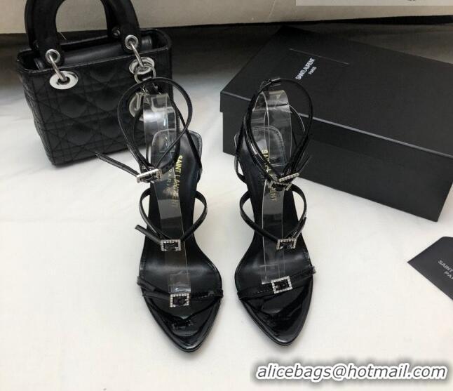 Perfect Saint Laurent Lila Patent Leather High Heel Sandals 10.5cm with Crystal Buckle Black 506090