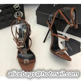 Good Quality Saint Laurent Lila Leather High Heel Sandals 10.5cm with Crystal Buckle Brown 506091