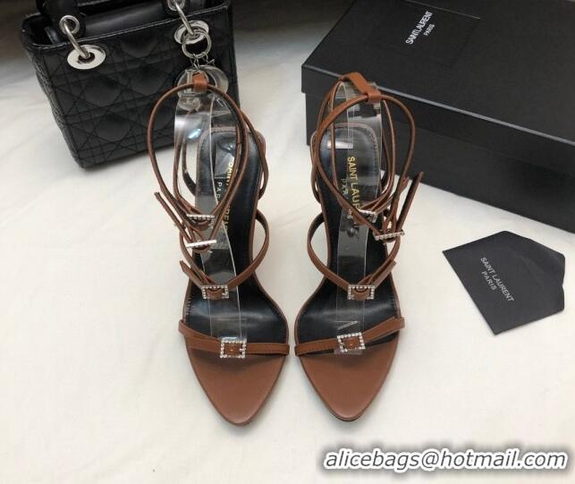 Good Quality Saint Laurent Lila Leather High Heel Sandals 10.5cm with Crystal Buckle Brown 506091