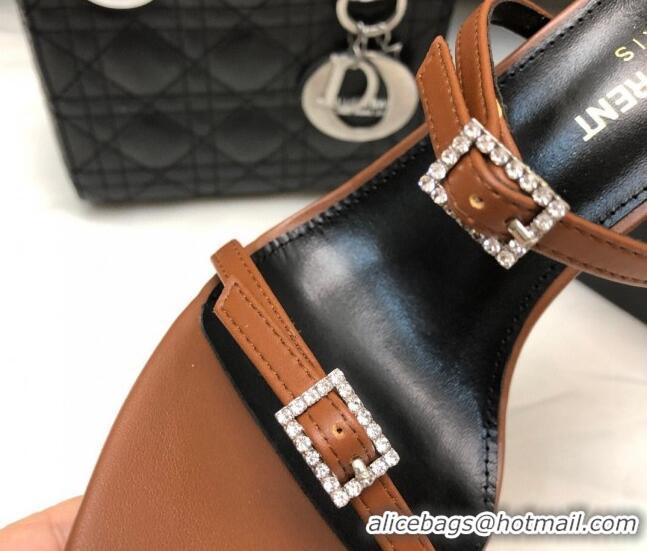 Good Quality Saint Laurent Lila Leather High Heel Sandals 10.5cm with Crystal Buckle Brown 506091