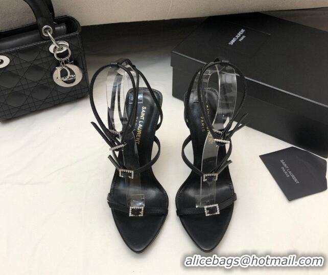 Popular Style Saint Laurent Lila Calf Leather High Heel Sandals 10.5cm with Crystal Buckle Black 506092