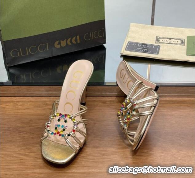 Unique Style Gucci Isa Heel Slide Sandals with Crystal GG Gold 022331