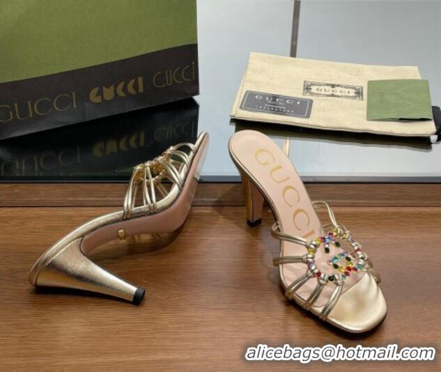 Unique Style Gucci Isa Heel Slide Sandals with Crystal GG Gold 022331