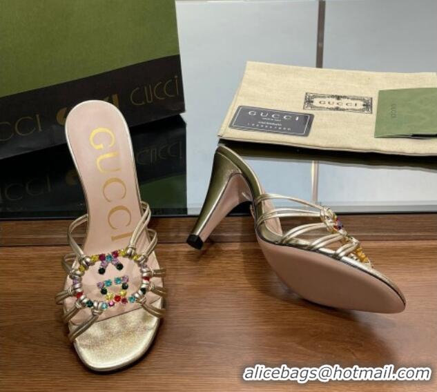 Unique Style Gucci Isa Heel Slide Sandals with Crystal GG Gold 022331