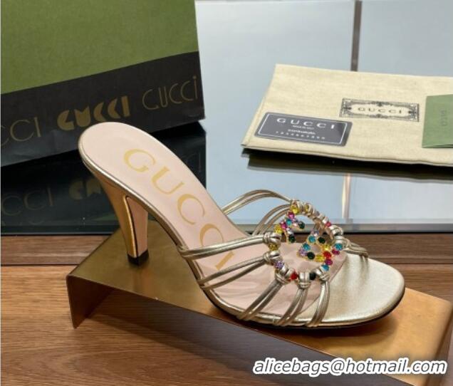 Unique Style Gucci Isa Heel Slide Sandals with Crystal GG Gold 022331