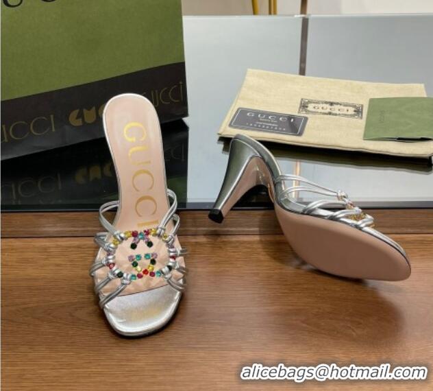 Shop Cheap Gucci Isa Heel Slide Sandals with Crystal GG Silver 3022332