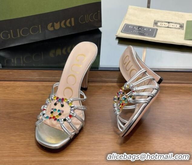 Shop Cheap Gucci Isa Heel Slide Sandals with Crystal GG Silver 3022332