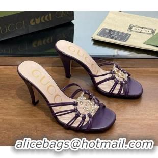 Top Design Gucci Isa Heel Slide Sandals with Crystal GG Purple 022337