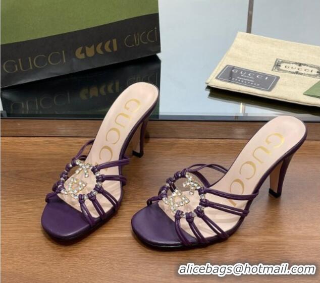 Top Design Gucci Isa Heel Slide Sandals with Crystal GG Purple 022337