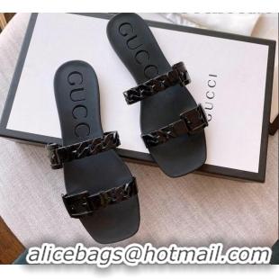 Popular Style Gucci PVC Chain Flat Slide Sandals Black 022342