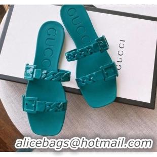 Good Quality Gucci PVC Chain Flat Slide Sandals Blue 022344