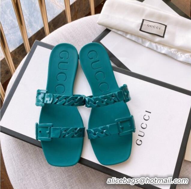 Good Quality Gucci PVC Chain Flat Slide Sandals Blue 022344