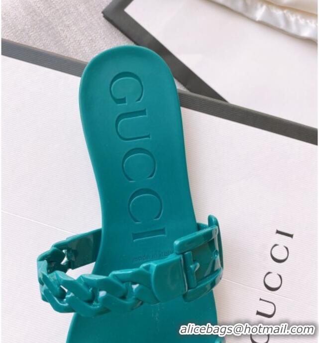 Good Quality Gucci PVC Chain Flat Slide Sandals Blue 022344