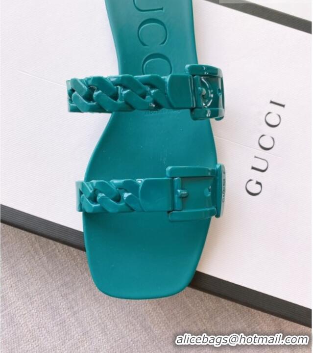 Good Quality Gucci PVC Chain Flat Slide Sandals Blue 022344