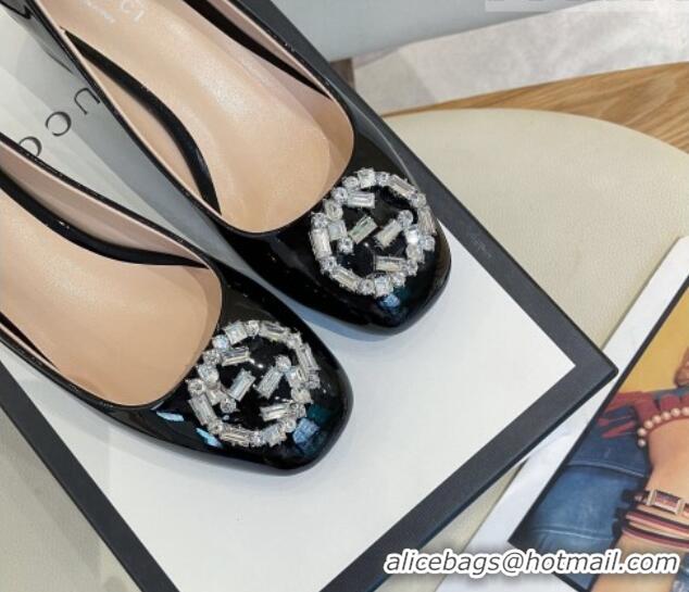 Classic Hot Gucci Patent Leather Pumps 3.5cm with Crystal Interlocing G Black 022347