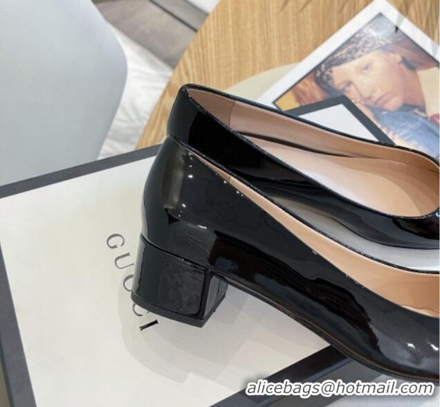 Classic Hot Gucci Patent Leather Pumps 3.5cm with Crystal Interlocing G Black 022347