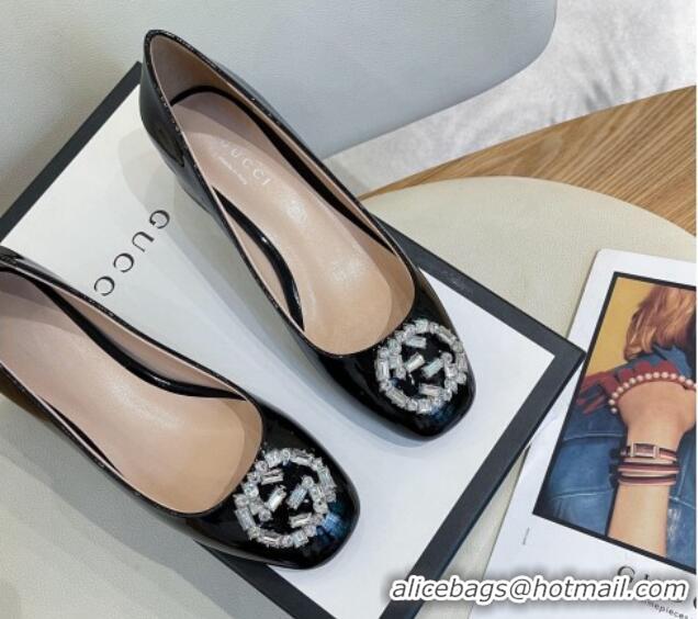 Classic Hot Gucci Patent Leather Pumps 3.5cm with Crystal Interlocing G Black 022347