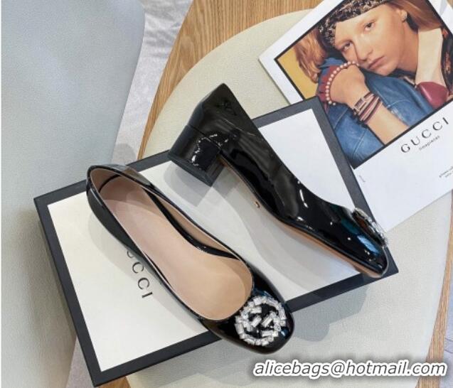 Classic Hot Gucci Patent Leather Pumps 3.5cm with Crystal Interlocing G Black 022347