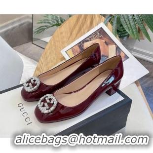 Low Cost Gucci Patent Leather Pumps 3.5cm with Crystal Interlocing G Burgundy 022348