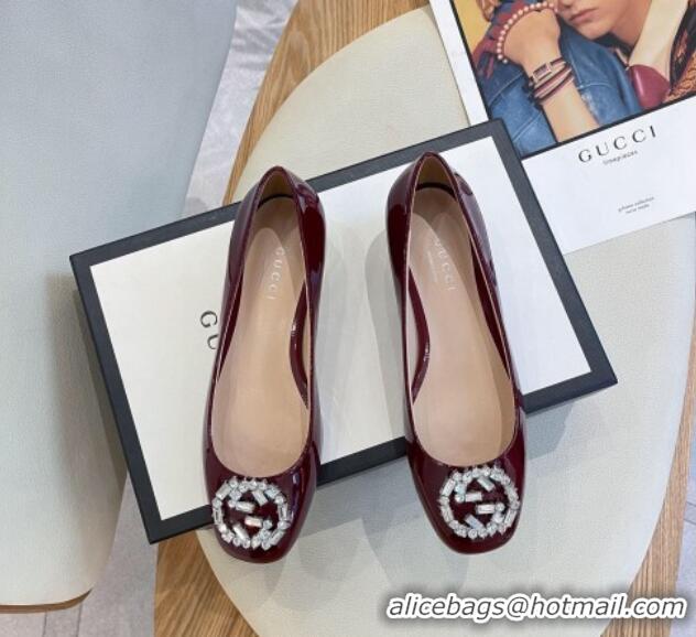 Low Cost Gucci Patent Leather Pumps 3.5cm with Crystal Interlocing G Burgundy 022348