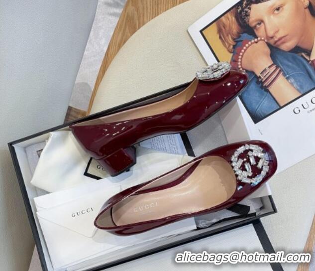 Low Cost Gucci Patent Leather Pumps 3.5cm with Crystal Interlocing G Burgundy 022348