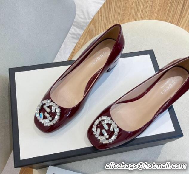 Low Cost Gucci Patent Leather Pumps 3.5cm with Crystal Interlocing G Burgundy 022348