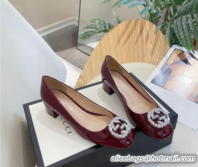 Low Cost Gucci Patent Leather Pumps 3.5cm with Crystal Interlocing G Burgundy 022348