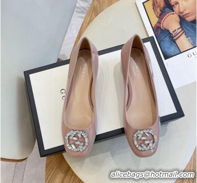 Luxury Gucci Patent Leather Pumps 3.5cm with Crystal Interlocing G Nude 022349