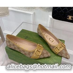 Shop Duplicate Gucci GG Canvas Ballet Flat with Horsebit Camel 022352