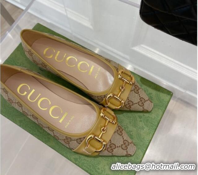 Shop Duplicate Gucci GG Canvas Ballet Flat with Horsebit Camel 022352