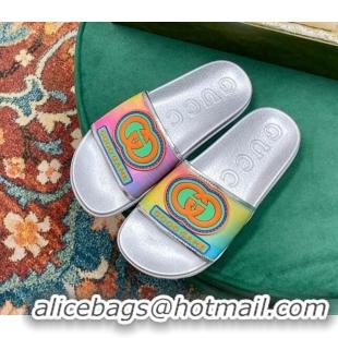 Grade Quality Gucci Rubber Flat Slide Sandals with Interlocking G Silver 022353